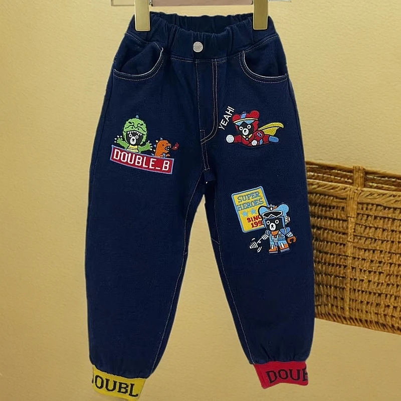 24新款儿童春秋款原单长裤重工刺绣黑超牛仔裤超人熊休闲裤71813