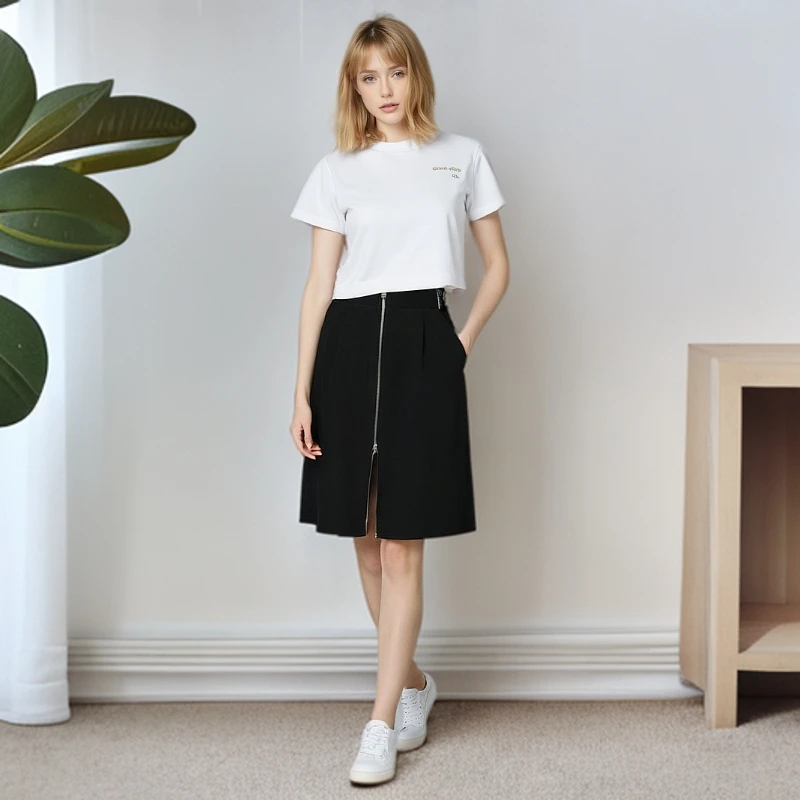 米芽Miamia【P家半裙】记忆色纺可拆卸腰带双开拉链时尚裙子