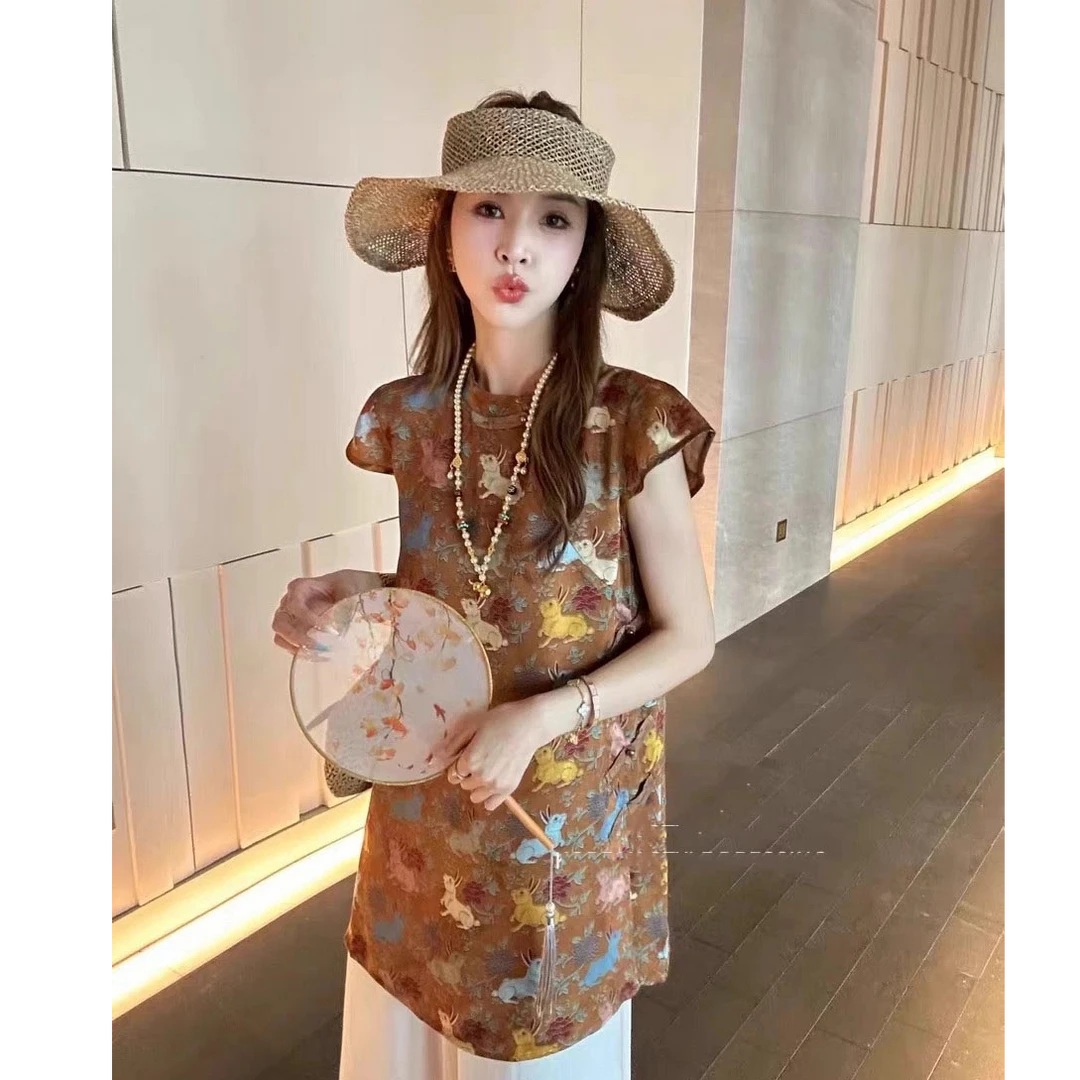 国风玉兔提花高级感盘扣立领衬衫女夏季新品新中式设计感上衣