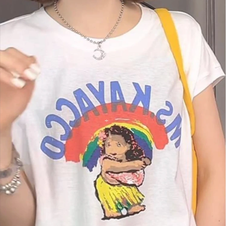 独特漂亮别致卡通印花白色t恤女2025年夏季新款气质女装超火上衣