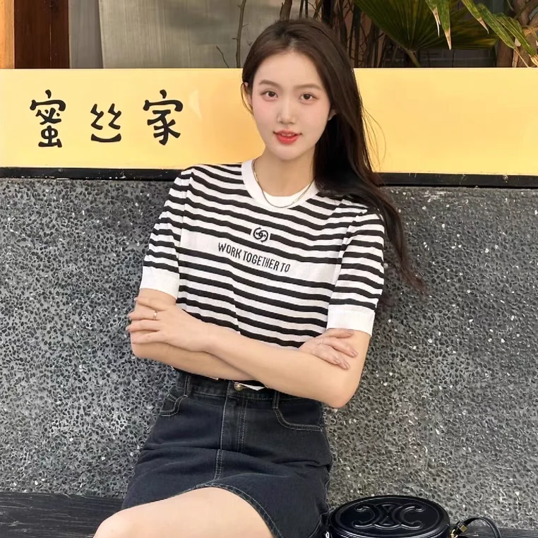 GIRDEAR/哥弟条纹字母短袖针织T恤衫春夏138018