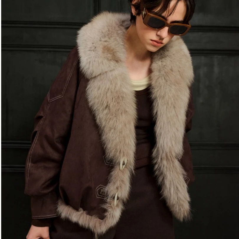 AELEV领狐狸毛复古大毛领短款鹅绒皮草羽绒派克服 P855 3722 AD