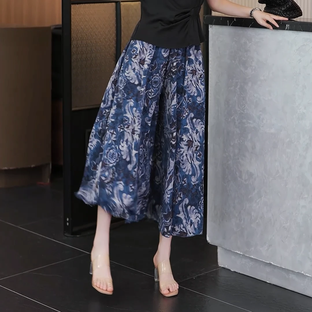 青花瓷裙裤休闲裤宽松显瘦洋气大摆妈妈裤裙2025年新款