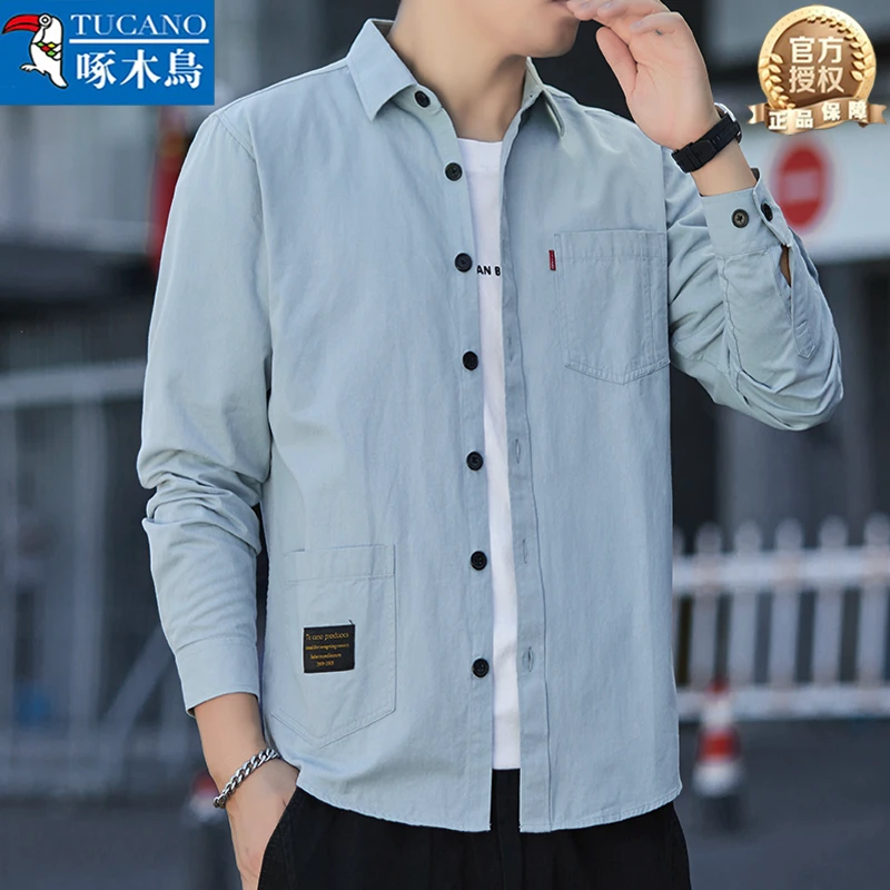 啄木鸟正品【100%纯棉长袖】衬衫男士全棉外搭秋季春季衬衣简约百搭