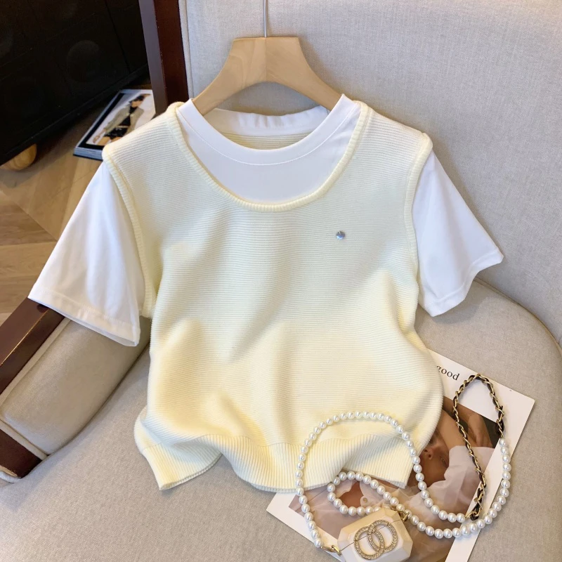 韩系ins风拼接针织衫假两件短袖t恤女夏季新款百搭洋气减龄上衣