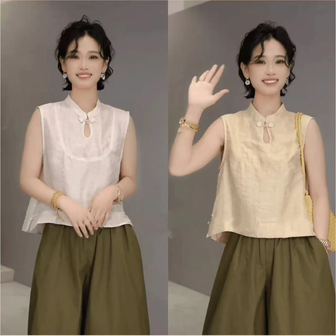 “云织”2025夏季时尚中式盘扣镂空上衣设计感无袖百搭衬衫