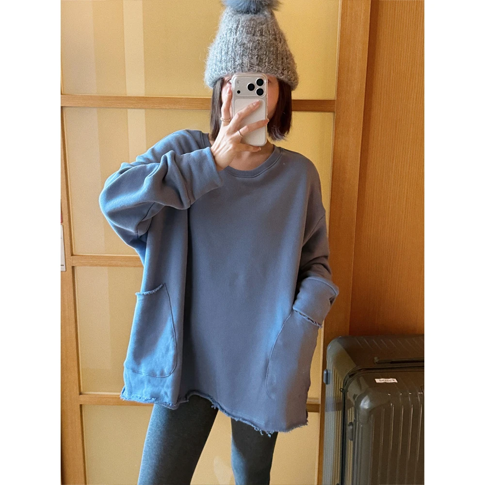 【唐悠悠】380g加厚纯棉针织卫衣秋冬卷边中长款上衣