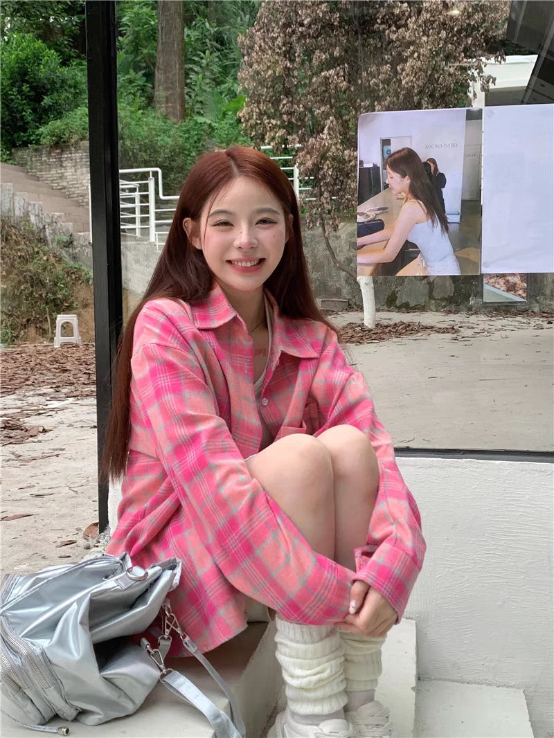 098复古长袖格子衬衫女美式休闲宽松中长款衬衣外套