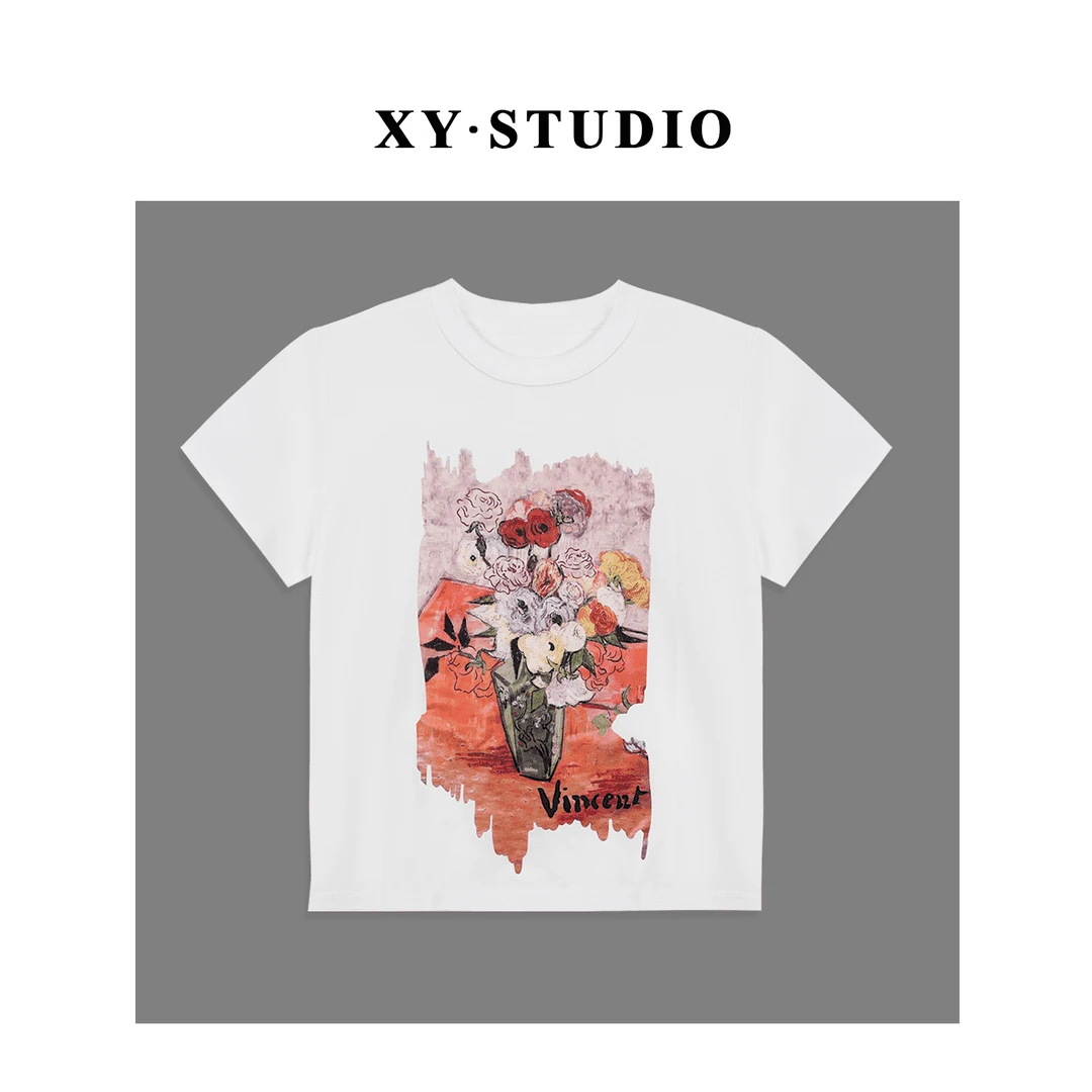 【SHUSHU】【插花】短袖T恤女夏季时尚印花气质休闲上衣XY-2304