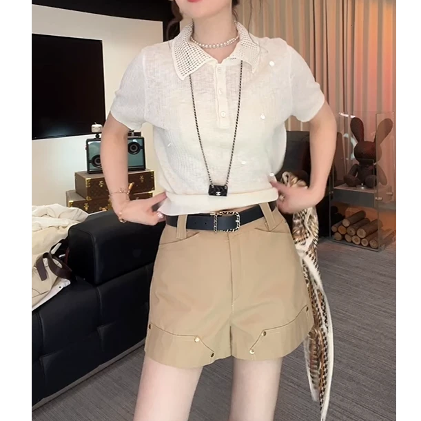 复古气质镂空POLO领短袖T恤女2025夏季新款韩版亮片减龄百搭上衣