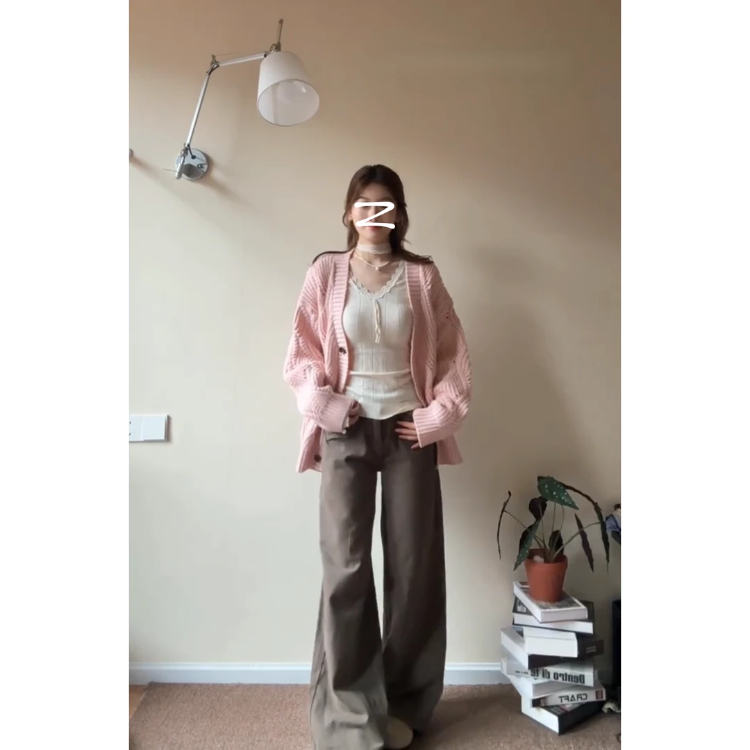 秋季ins气质温柔粗螺纹宽松V领针织衫蕾丝打底休闲裤套装X11118