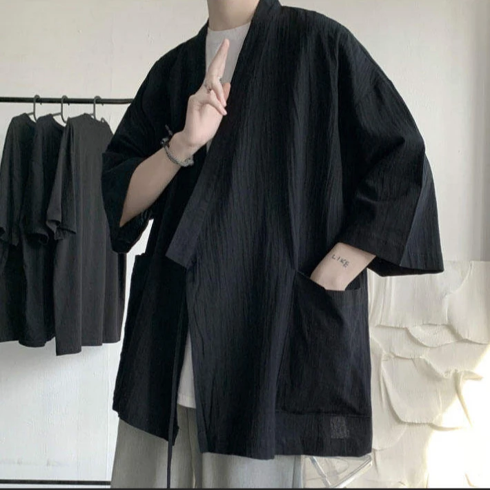 山本风日系慵懒风开衫男士休闲七分袖衬衫夏季中国风复古汉服披风