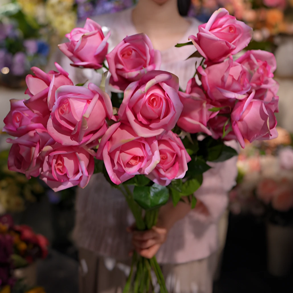 双子座玫瑰花 手感保湿浅玫红色 姹紫嫣红春季色假花仿真花