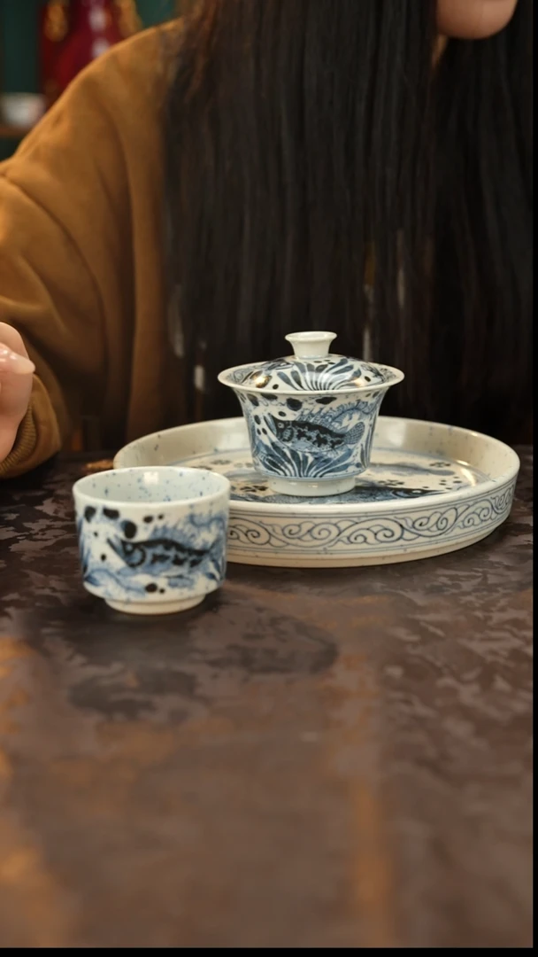 青花手绘鱼藻三件套