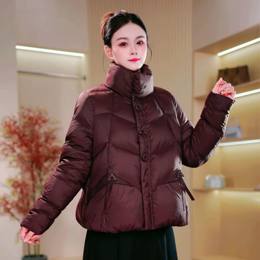 时尚妈妈装菱格立领短款羽绒服冬季新款宽松加厚中老年面包服外套