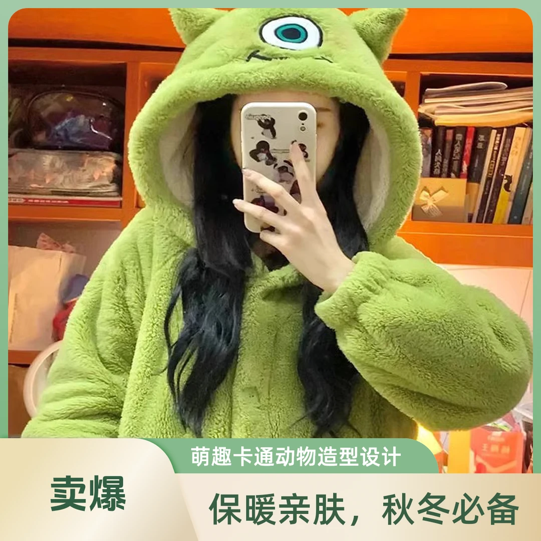 睡衣女秋冬可爱卡通睡袍加绒加厚保暖珊瑚绒长款学生卡通可爱家居
