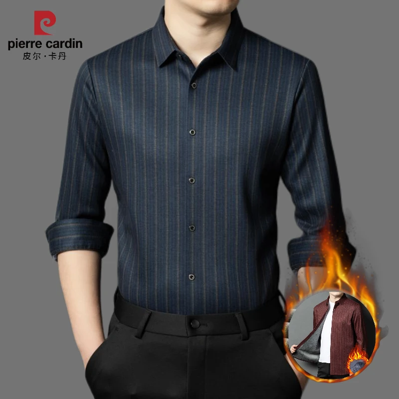 皮尔卡丹绵羊毛桑蚕丝男士加绒加厚衬衣保暖舒适高档条纹衬衫外套