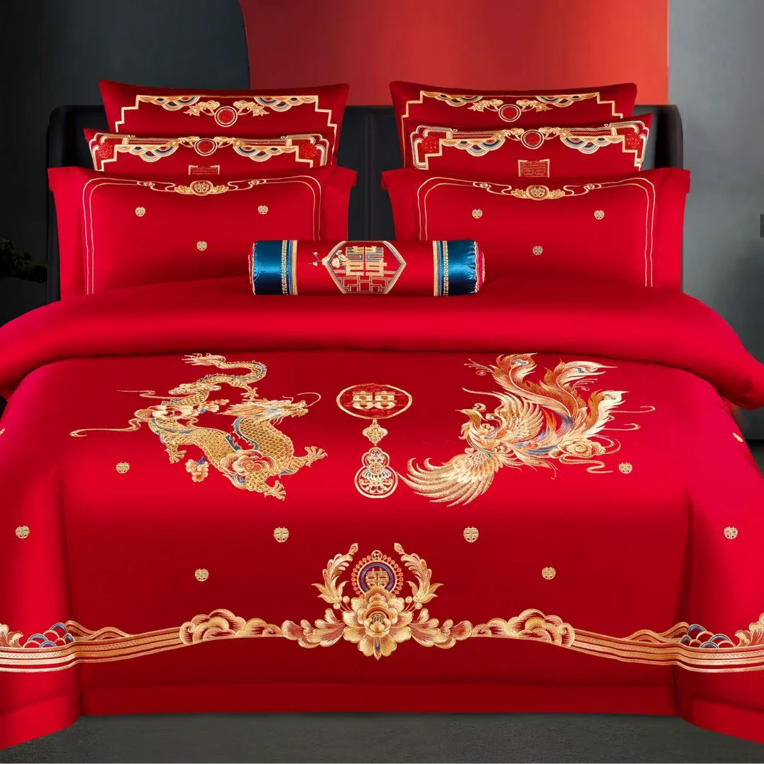 男生（甜蜜蜜）女生款（一心一意）长绒棉刺绣结婚四件套大红套件婚庆