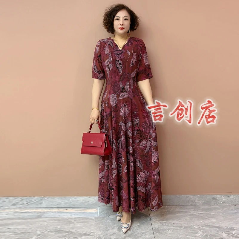 2511夏短袖长款连衣裙弹力大码时尚中年妈妈遮肉显瘦冰麻大摆裙70