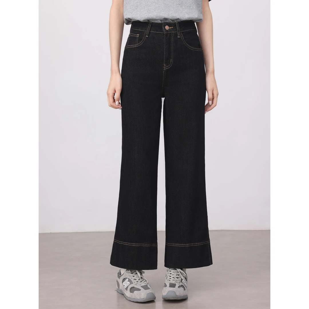 爱蔷薇大码黑色直筒牛仔裤女2025新款裤子夏季九分阔腿裤GT76256
