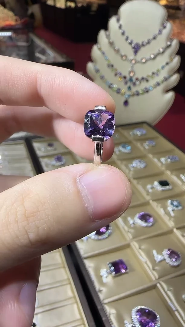 银S925镶嵌戒指紫晶10mm帝王紫简约