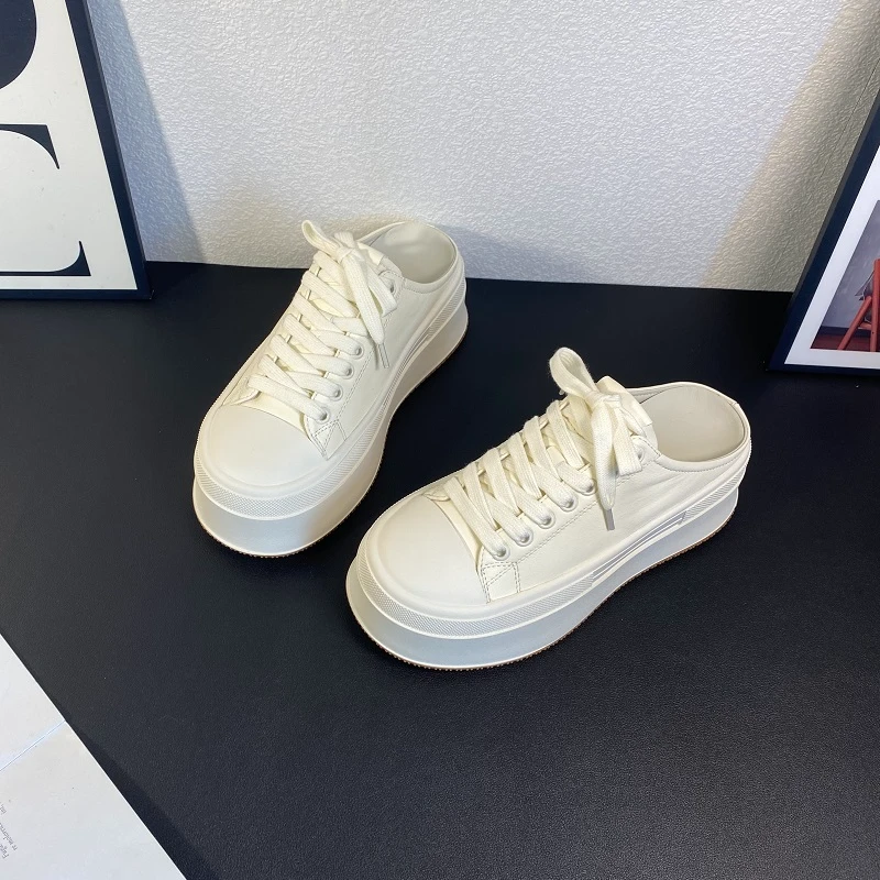 小白鞋女2025夏季新款百搭透气厚底增高包头半拖鞋舒适日常凉拖鞋