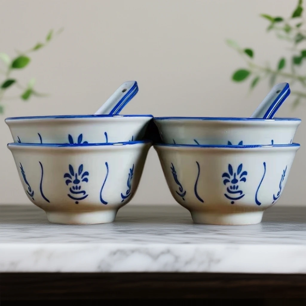 青花釉下彩葵斗碗高温防烫复古饭碗汤碗4.5寸碗