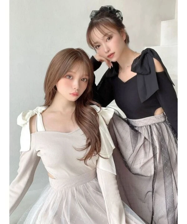 【FaFa】日系品牌 RS 蝴蝶结拼接细闪网纱 腰部镂空连衣裙FA503-037