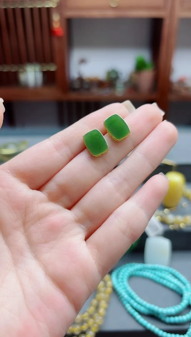 和田玉银S925镶嵌耳饰s925银碧玉无事牌耳钉LXY