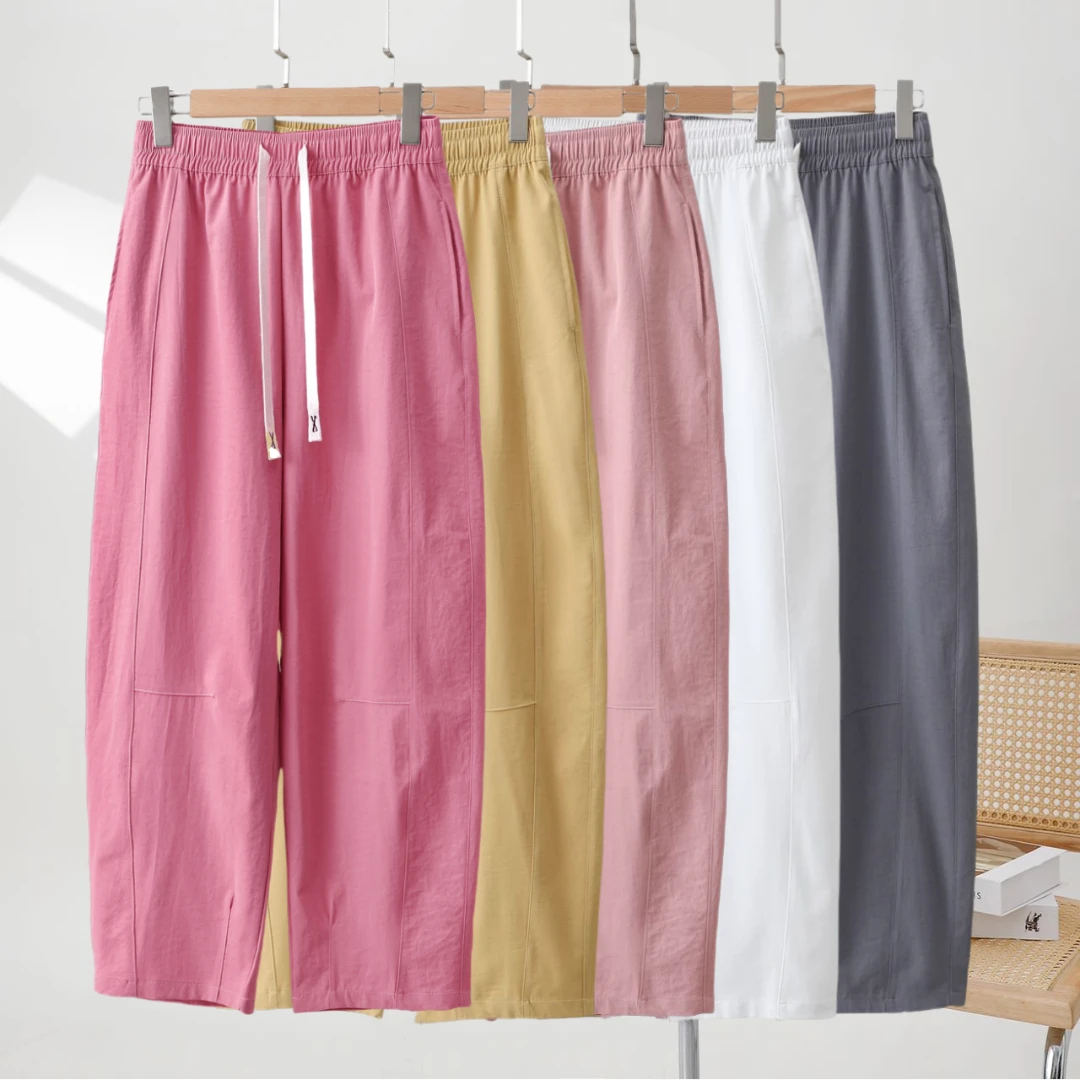 【慕华云】夏季薄款冰皱棉弯刀裤女士休闲百搭阔腿裤高腰大码九分裤