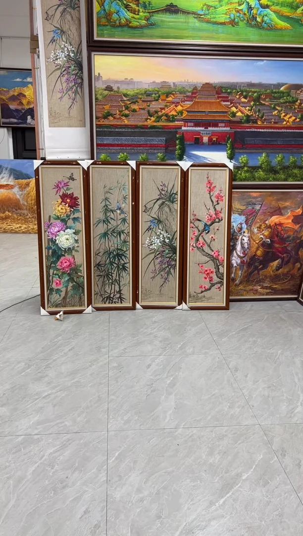 油画李*张俊龙原创手工手绘油画梅兰竹菊花卉四联花中四君子