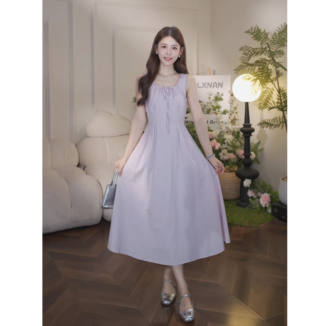 鹿向南【薰衣草乐园】法式无袖紫色连衣裙夏装新款时尚长裙女L53982