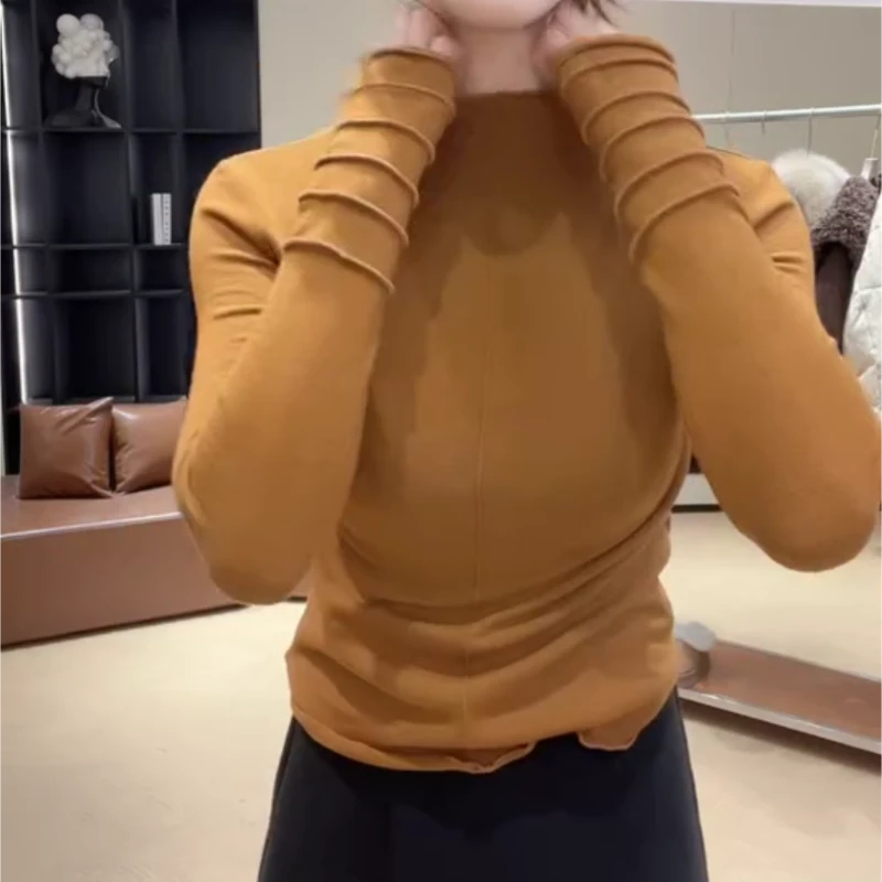 冬季显瘦立领磨毛打底长袖休闲百搭纯色T恤上衣LK2508678