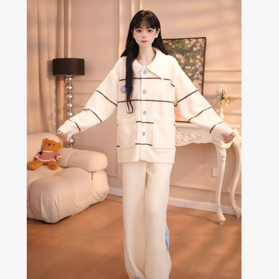 【10.17新2】睡衣套装半边绒宽松加绒圆领保暖甜美时尚长袖WQN