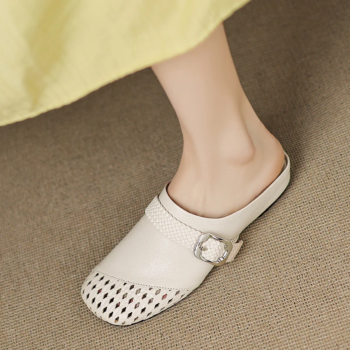 【NICESEE】3.5cm,夏季镂空包头凉拖鞋女真皮百搭内增高软皮半拖