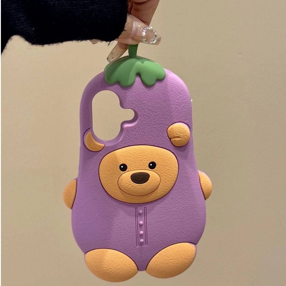 立体茄子套小熊适用iPhone16promax苹果15pro手机壳14新款13卡通