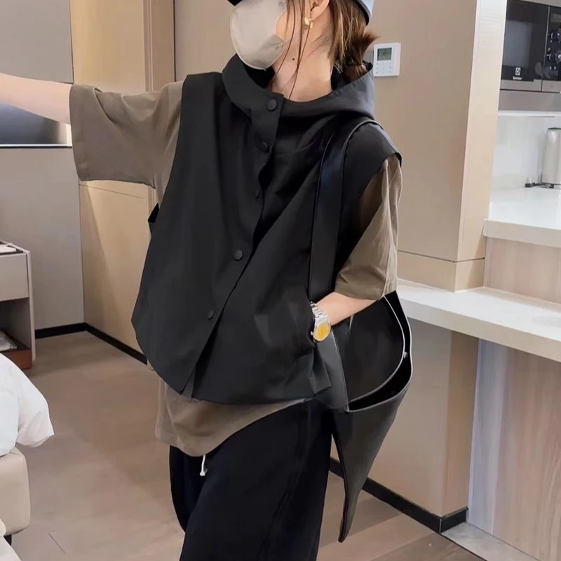 756#连帽马甲女设计款卫衣背心休闲短款风衣无袖坎肩马夹工装上衣