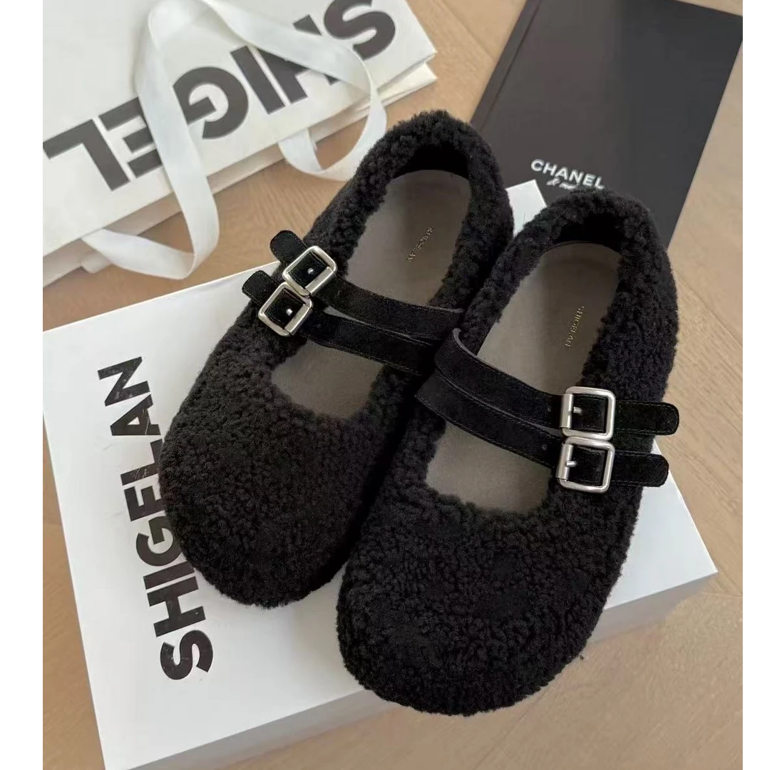 诗歌兰女鞋2025新款时尚百搭平底一字扣毛毛鞋单鞋