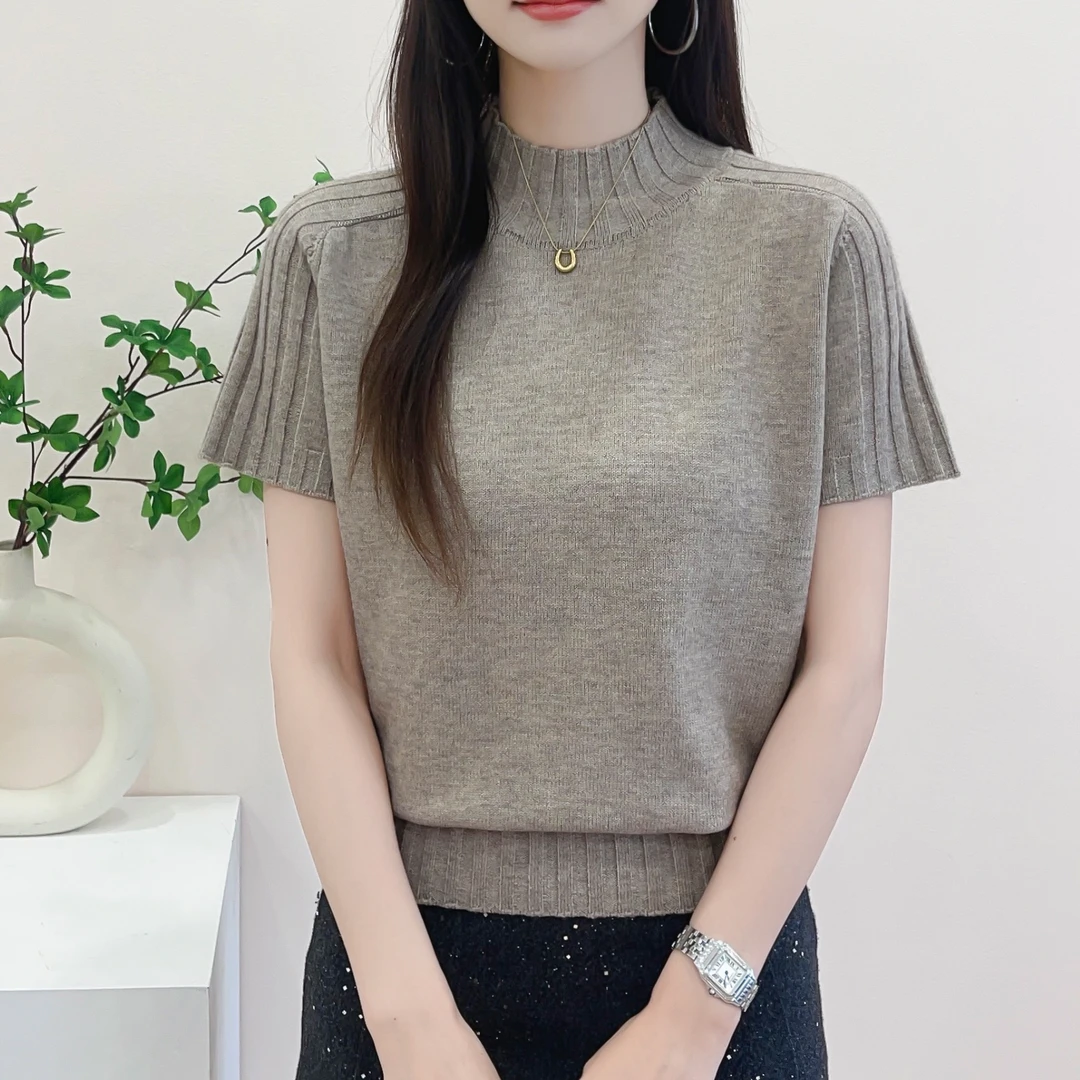【坑条短袖~驼】显瘦百搭气质短袖针织衫上衣2025年夏季新款女装