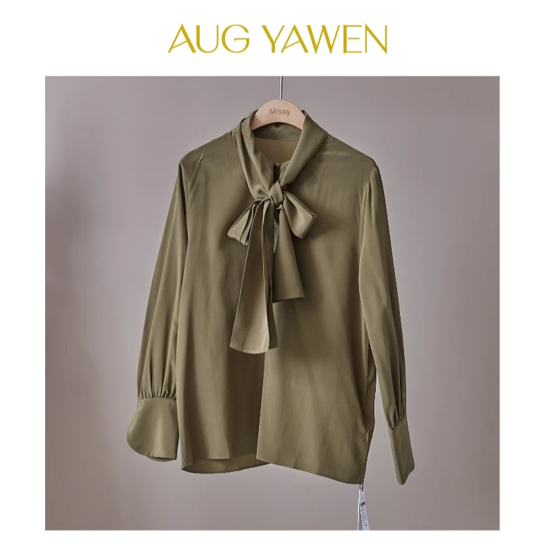 Aug. 100%桑蚕丝时尚军绿色衬衣百搭气质领口绑带衬衫  CS25006