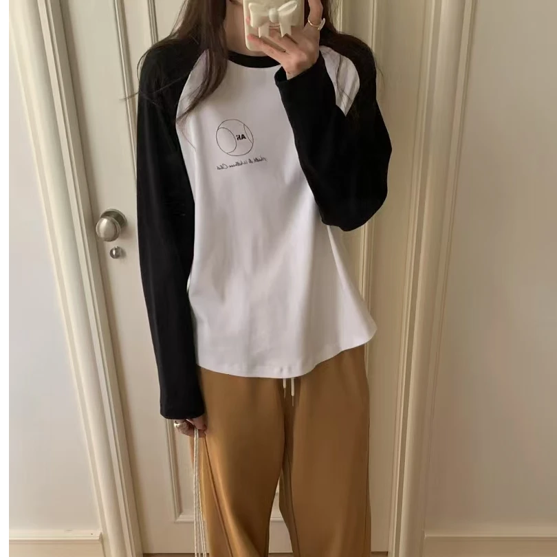 春季长袖拼色T恤女装