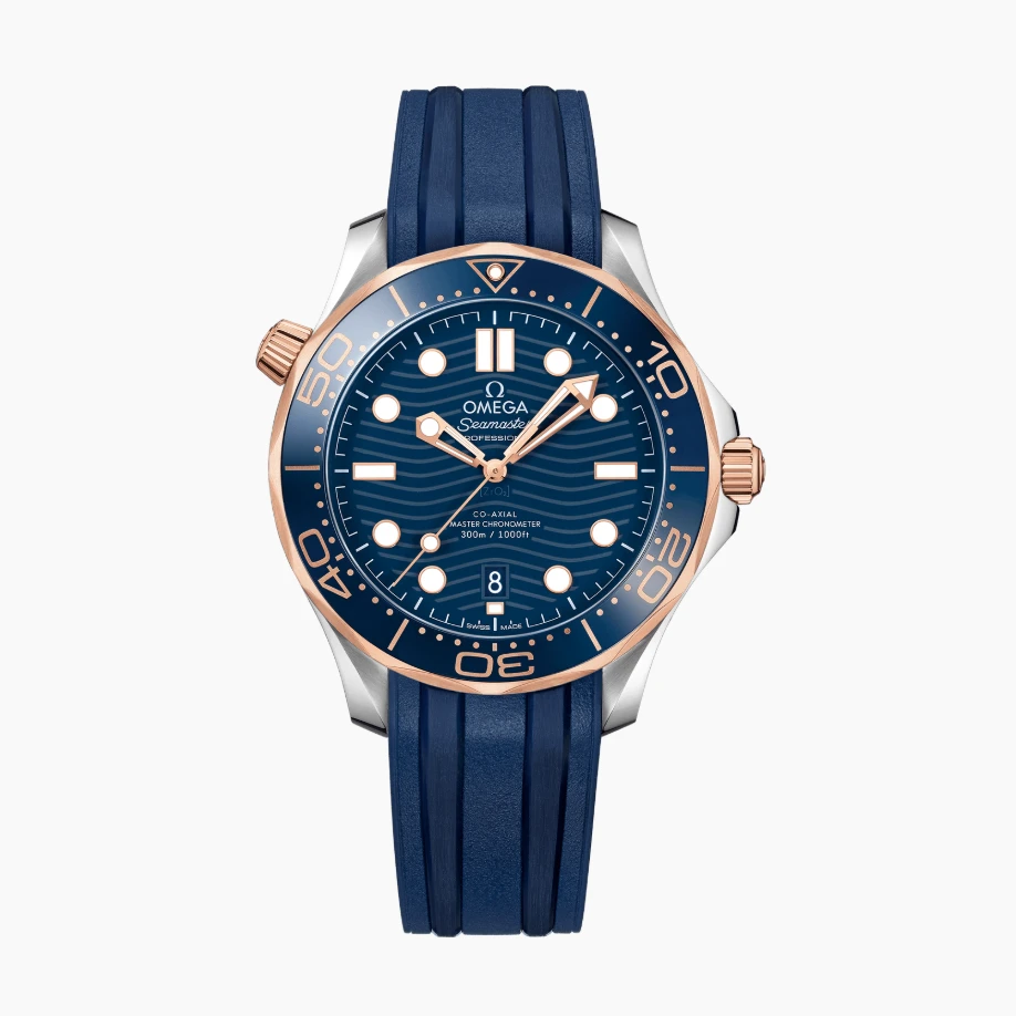 未使用 Omega/欧米茄 海马300间玫瑰金蓝盘胶带自动腕表公价67500