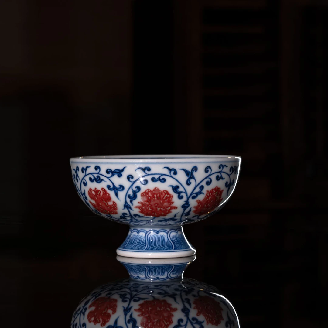 景德镇和然窑 - 纯手工手绘原矿青花釉里红缠枝莲高足杯