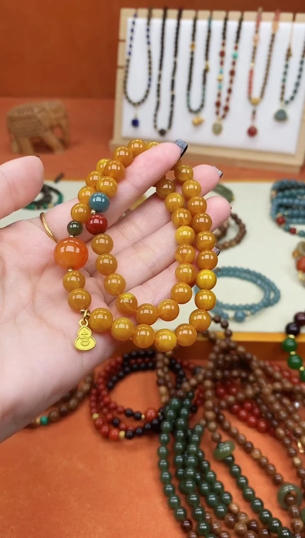 手链蜜蜡未镶嵌双圈蜜蜡和田南红蓝水手串