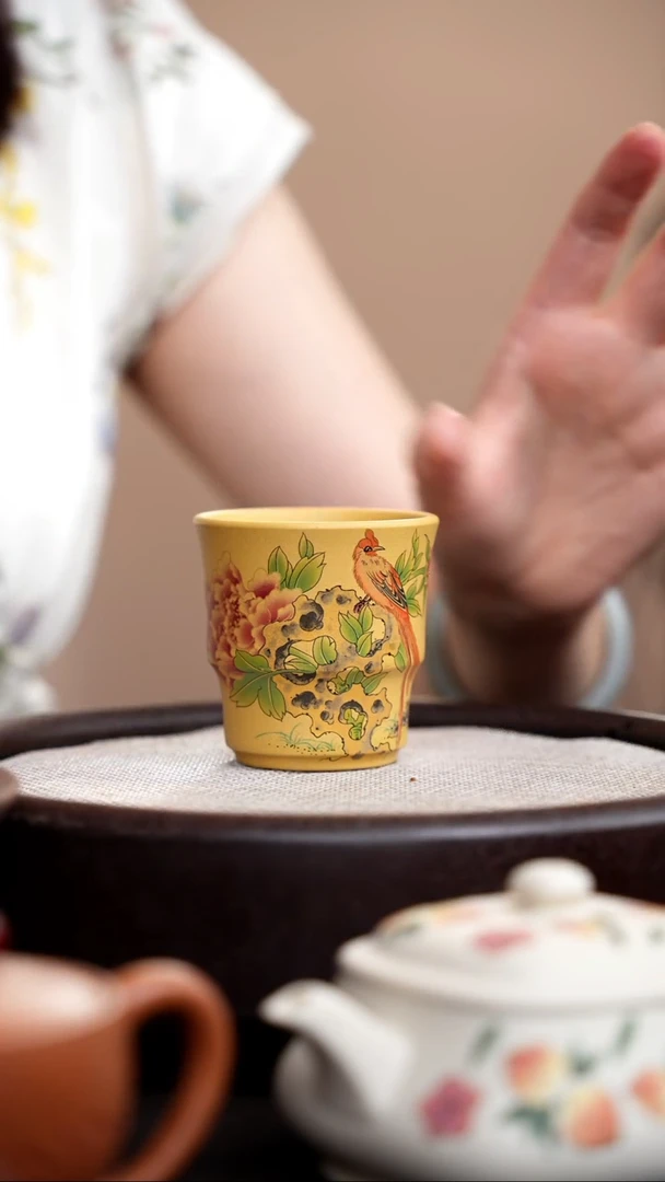 茶壶紫砂黄金段小竹节杯花鸟001