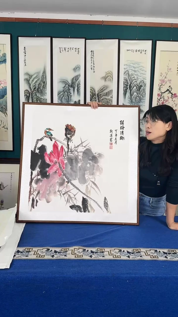 国画荷花实木装裱83*83