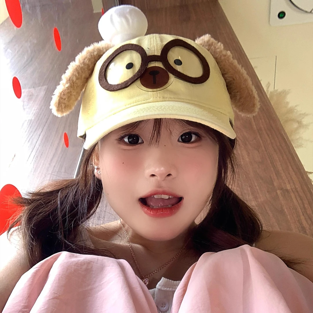 可爱卡通小狗眼镜耳朵棒球帽女甜美可爱百搭大头围显脸小鸭舌帽子