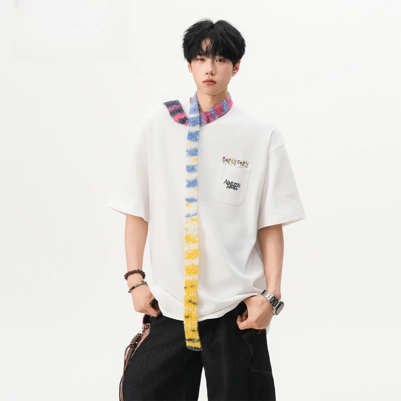 口袋花卉刺绣短袖T恤男夏季oversize重磅纯棉情侣半袖T恤