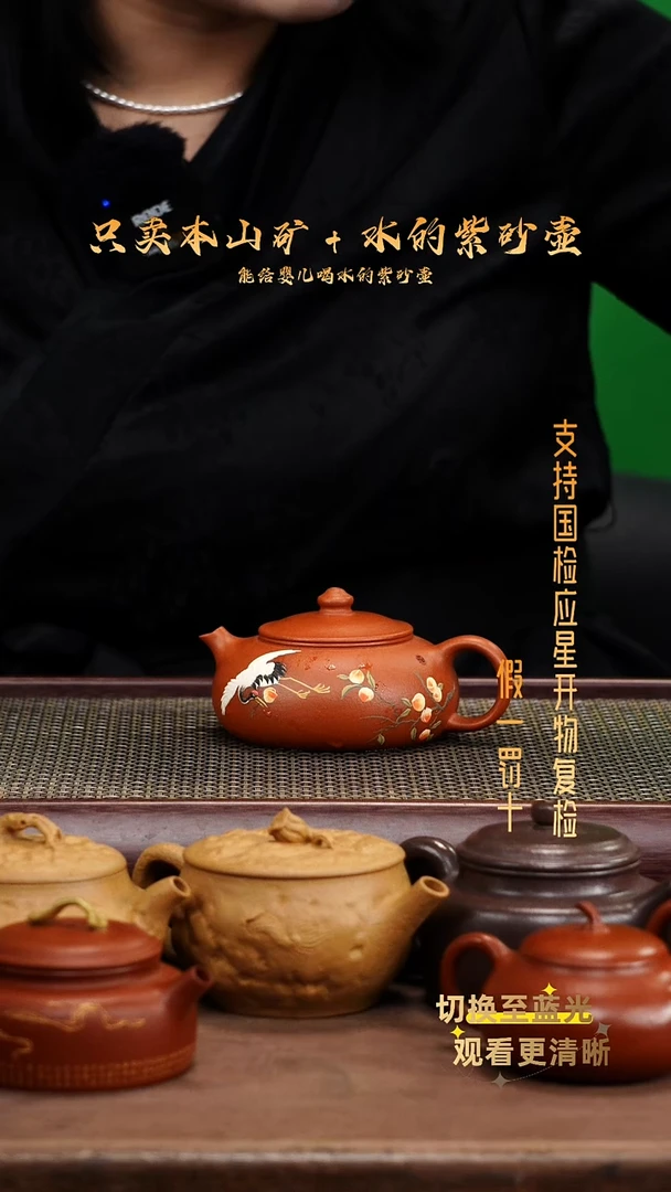茶壶紫砂原矿龙山朱泥 泥绘仙鹤寒江壶