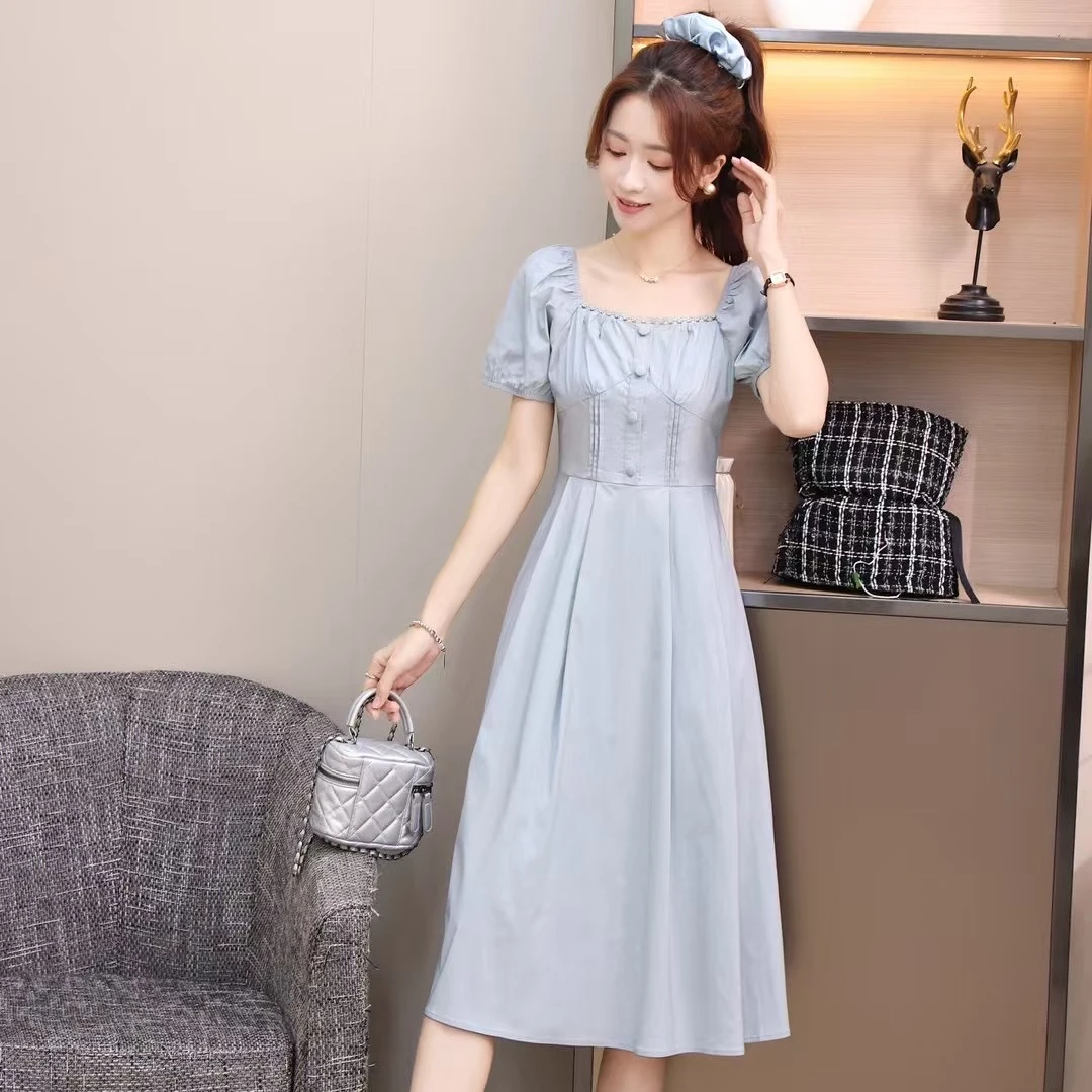 【芊朵 】2025夏季新款时尚洋气修身方领连衣裙女温柔甜美气质裙子